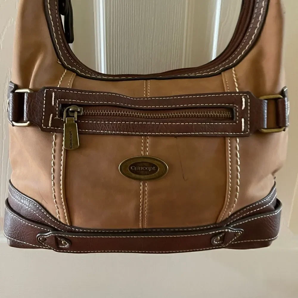Concept Plattsburg Hobo two tone brown faux leather antique brass hardwares